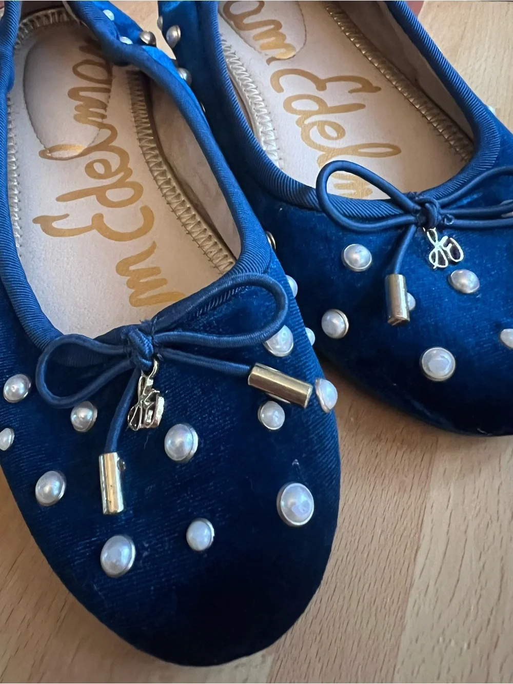 Sam Edelman Deep Teal Velvet Pearl-Embellished Ballet Flats Sz 3K/4.5W